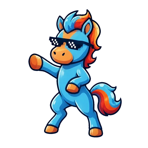 PhantX blue horse mascot standing and reaching toward a market interface