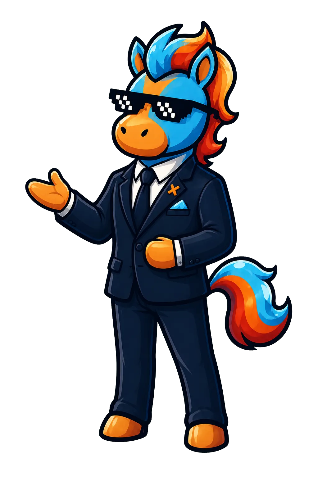 PhantX blue horse mascot in a tailored navy suit presenting a market interface